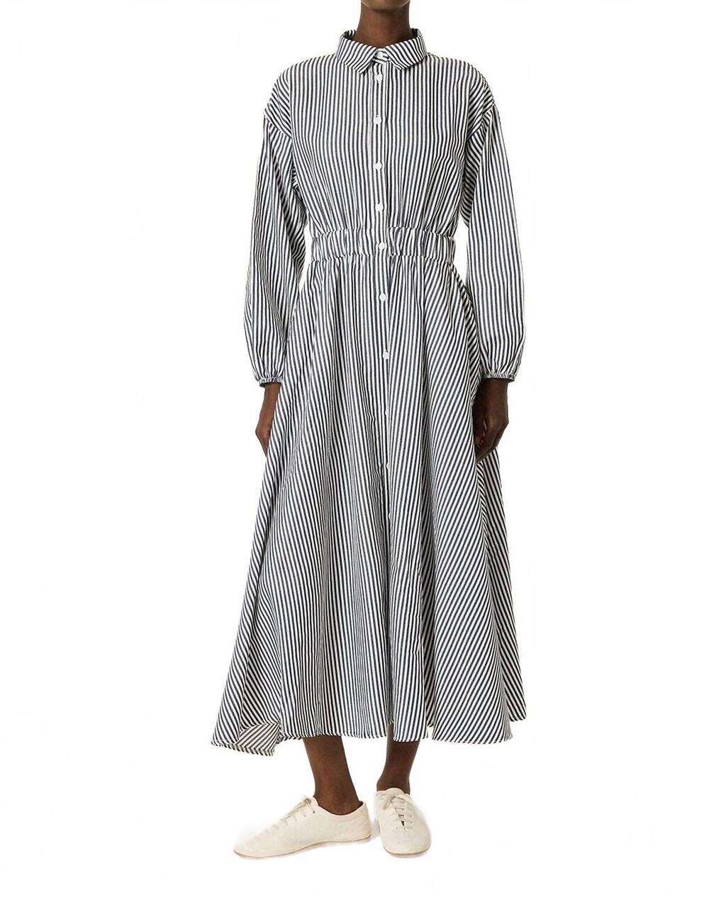 NEW TOUCHE PRIVE striped poplin maxi dress in navy blue
